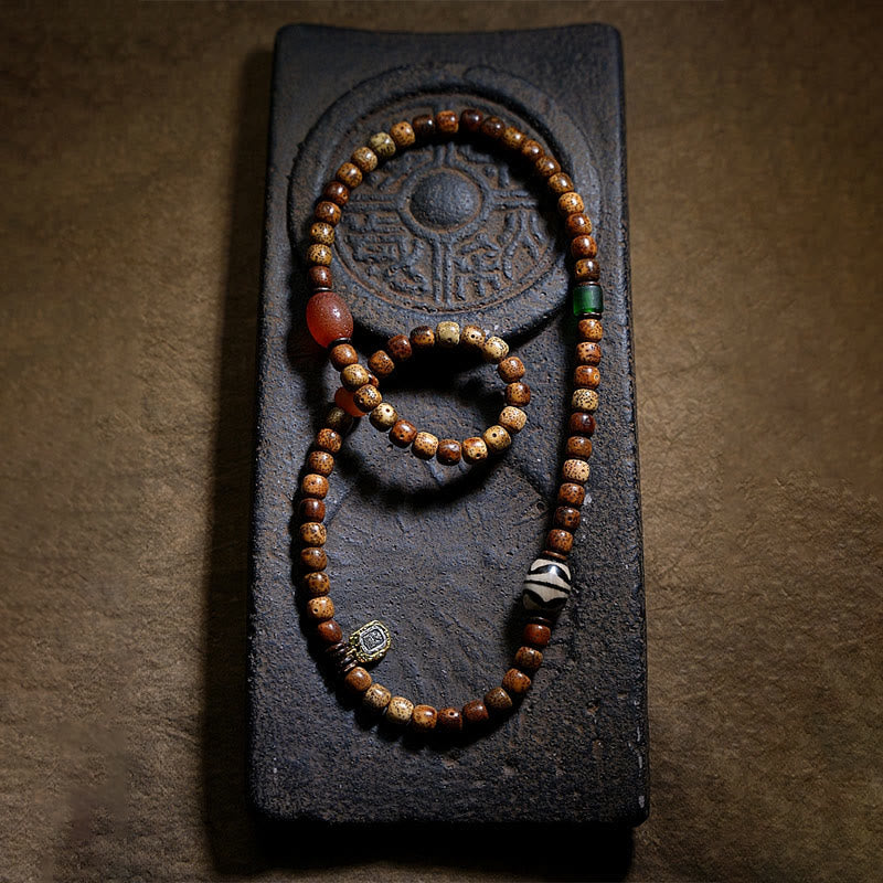 Buddha Stones Tibetisches Bodhi-Samen-Bernstein-Dzi-Perlen-Achat-Zakiram-Göttin des Reichtums-Perlen-Dreifach-Wickelarmband