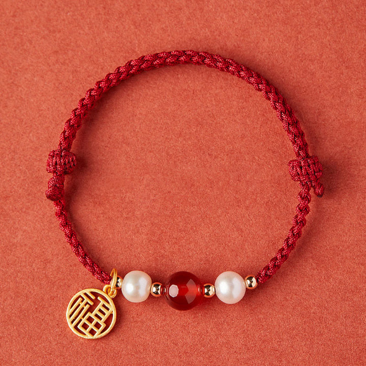 Armband mit Buddha Stonesn, 925er-Sterlingsilber, Glücksbringer, Fu-Charakter, Achat, Perle, rote Schnur