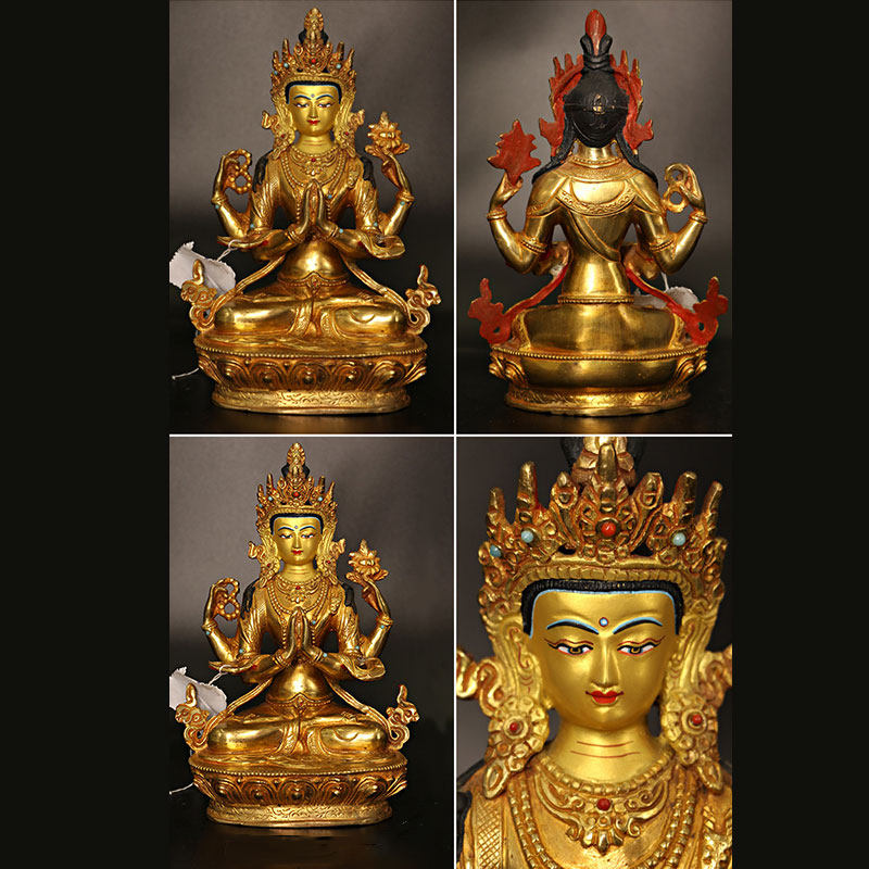 Bodhisattva Tara Chenrezig Vierarmiger Avalokitesvara-Schutz, Kupfer vergoldete Statuendekoration