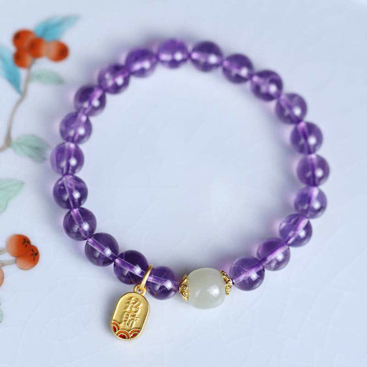 Buddha Stones Natürliches Amethyst-Kristall-Hetian-Jade-Heilungs-Charm-Armband