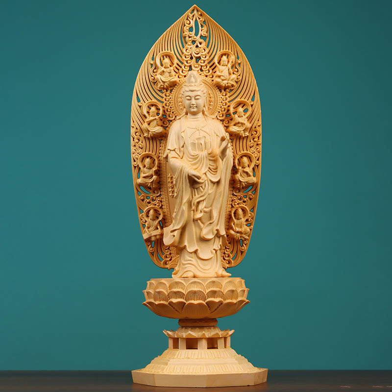 Buddha Stones, handgefertigt, Kwan Yin, Avalokitesvara, Tathagata, Mahasthamaprapta, Bodhisattva-Statue, Buchsbaum, Fülle, Dekoration