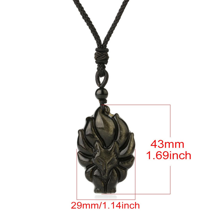 Buddha Stones Natürliche Fluorit-Goldglanz-Obsidian-Fuchs-Anhänger-Schutz-Halskette