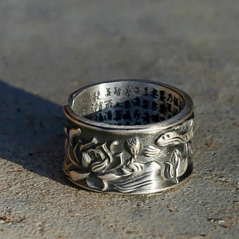 999 Sterling Silber Glück Koi Fisch Lotus Herz Sutra Reichtum Ring