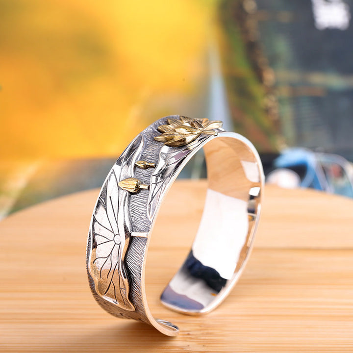 Buddha Stones 925 Sterling Silber Lotusblume Ruhiges Armband Verstellbarer Armreif