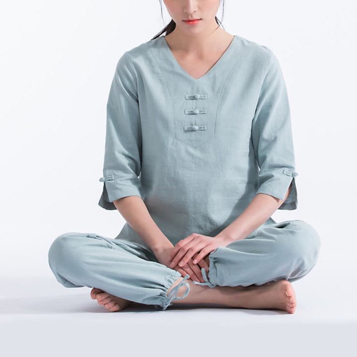 Buddha Stones Yoga Meditation Gebet V-Ausschnitt Design Baumwolle Leinen Kleidung Uniform Zen Praxis Damen Set