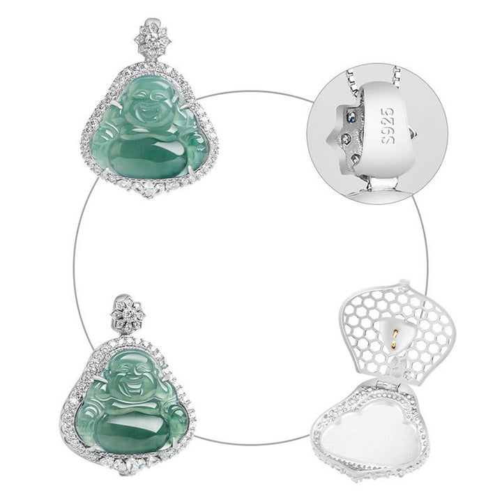 Buddha Stones 925 Sterling Silber lachender Buddha natürliche Jade Glück Fülle Kette Halskette Anhänger