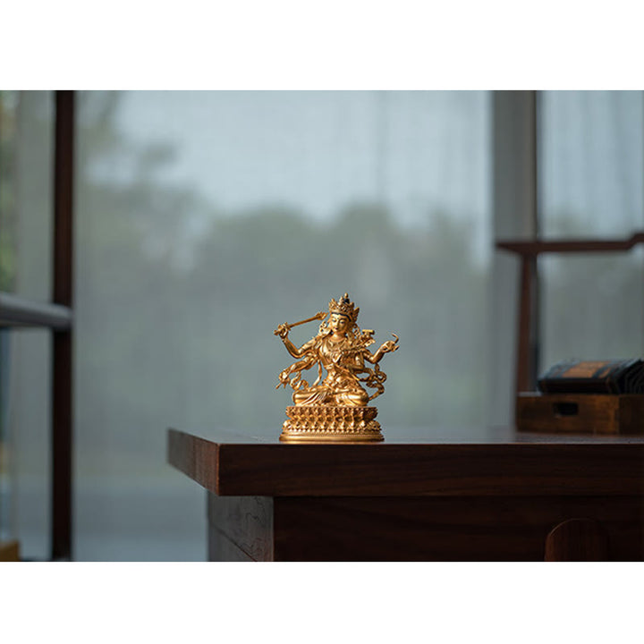 Vierarmige Manjusri Bodhisattva-Goldfigur, Mitgefühl, Gelassenheit, Kupferstatue, Heimdekoration