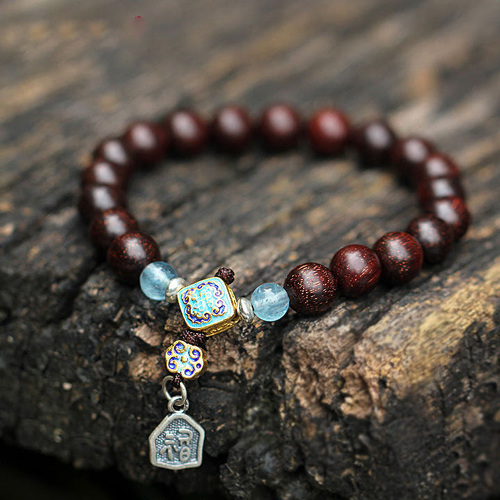 Buddha Stones, 925er-Sterlingsilber, indisches kleines Blatt, rotes Sandelholz, Aquamarin, voller Goldstern, chinesisches Knoten-Segen-Armband