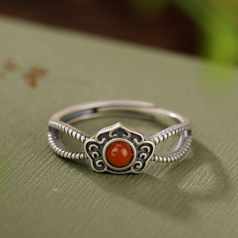 Buddha Stones Ring aus 925er-Sterlingsilber, rote Achatperle, logisches Denken