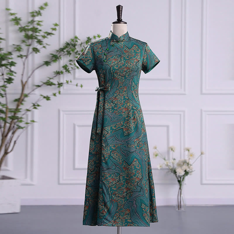 Buddha Stones Vintage Auspicious Clouds Leaf Print Cheongsam Kleid Damen Qipao Kleid