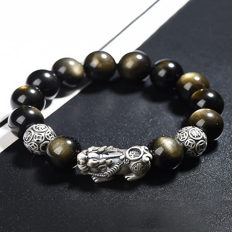 Buddha Stones 925 Sterling Silber Natürlicher Goldglanz Obsidian PiXiu Reichtumsschutzarmband