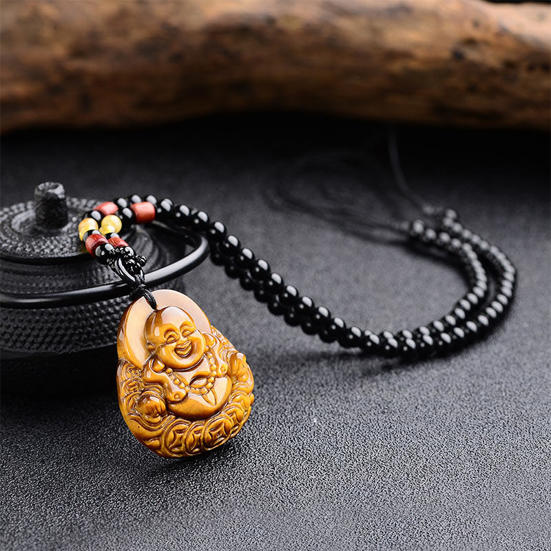 Buddha Stones Halskette mit Tigerauge, lachender Buddha, Segen