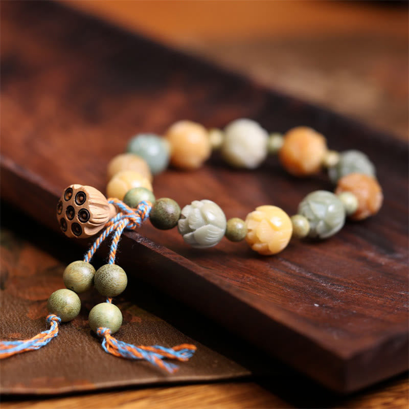 Armband mit Buddha Stonesn, Bodhi-Samen, Lotus, grünes Sandelholz, Weisheit, Harmonie