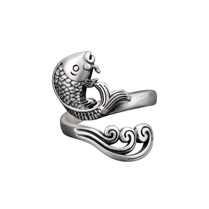 Buddha Stones 925 Sterling Silber Koi Fisch Wasser Welligkeit Glück Reichtum Ring