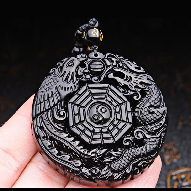 Buddha Stones Bagua Dragon Phoenix Obsidian Erfüllung Anhänger Halskette