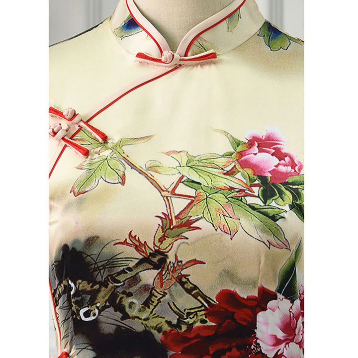 Buddha Stones Pfingstrosen-Blumendruck Cheongsam-Kleid Damen-Qipao-Kleid