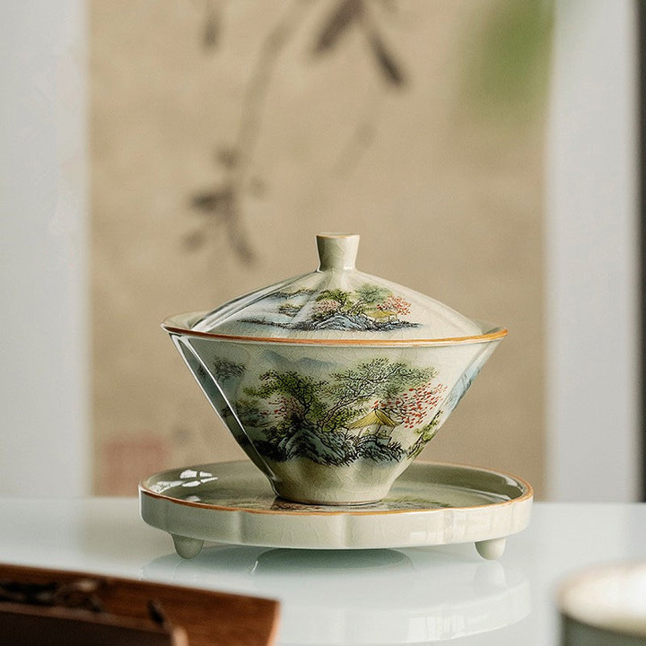 Buddha Stones Kiefer Berg Wald Landschaft Keramik Gaiwan Sancai Teetasse Kung Fu Teetasse und Untertasse mit Deckel