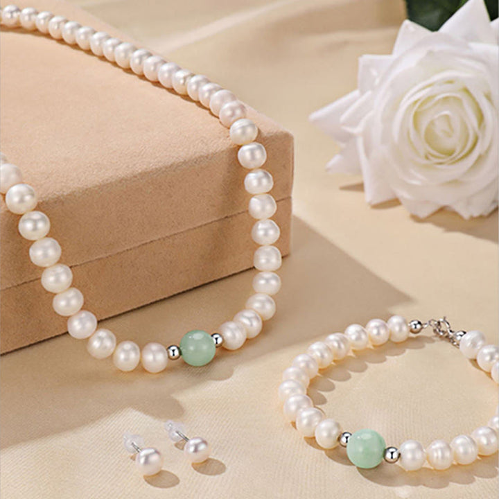 Buddha Stones 925 Sterling Silber natürliche Perle Jade Heilung Halskette Armband Ohrringe mit Geschenkbox