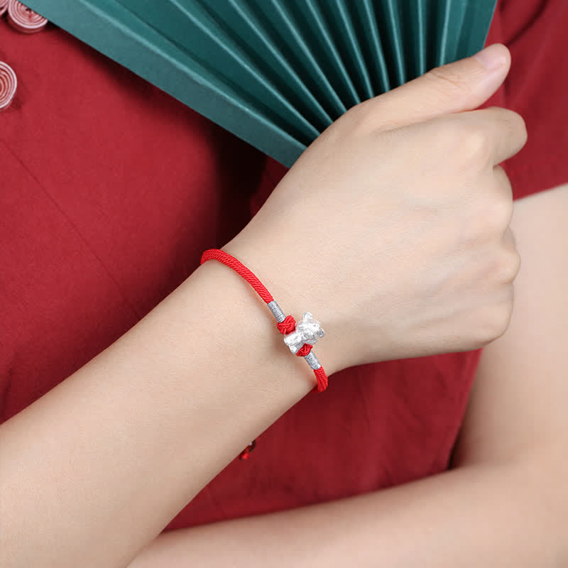 Buddha Stones Armband aus 999er-Sterlingsilber, chinesisches Sternzeichen, Glück, Stärke, rote Schnur