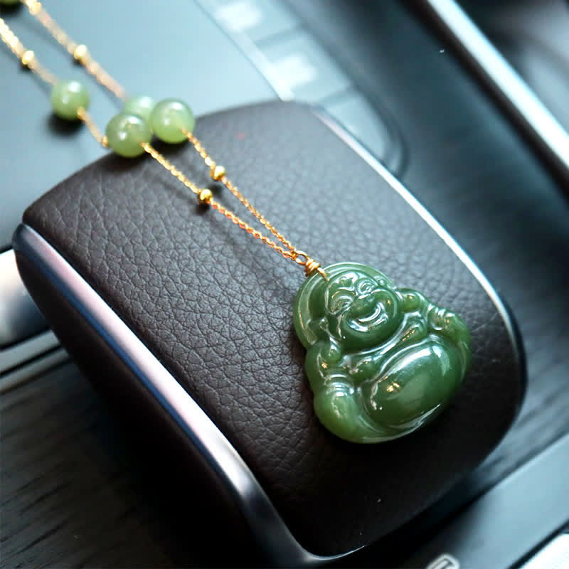 Lachender Buddha Hetian Jade Glück Halskette Perlenkette Anhänger