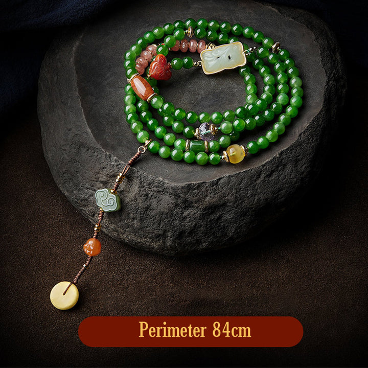 Buddha Stones 108 Mala Perlen Cyan Jade Roter Achat Lachender Buddha Glücksarmband