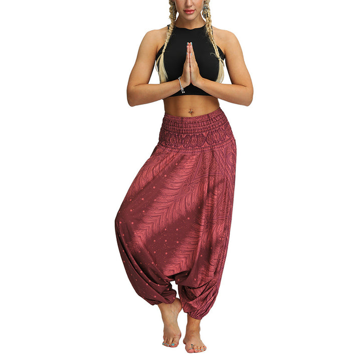 Buddha Stones Boho Feder Yogahose Hippie Haremshose Sport Fitness Tanz Damenhose