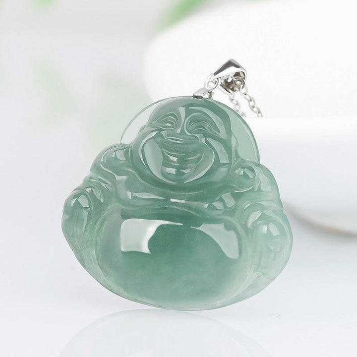 Buddha Stones 925 Sterling Silber Lachender Buddha Jade Schutz Ruhe Halskette Kettenanhänger