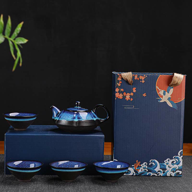 Buddha Stones Vintage Farbverlauf Blau Chinesische Gongfu Teetasse Set Keramik Teekanne Box