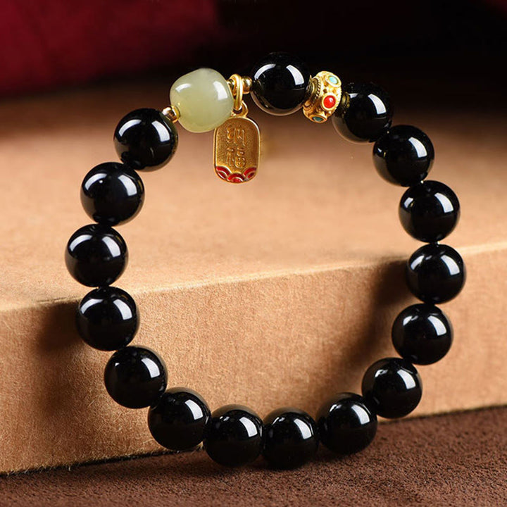 Buddha Stones, schwarzer Onyx, Hetian-Jade-Perlen, Glücksbringer-Charm-Armband