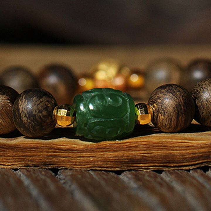 Buddha Stones 999 Gold Brunei Agarwood Cyan Jade Lotus Flower Peace Strength Armband