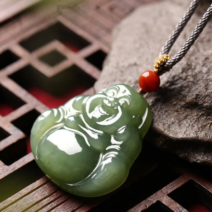 Lachender Buddha Hetian Jade Fülle Halskette String Anhänger