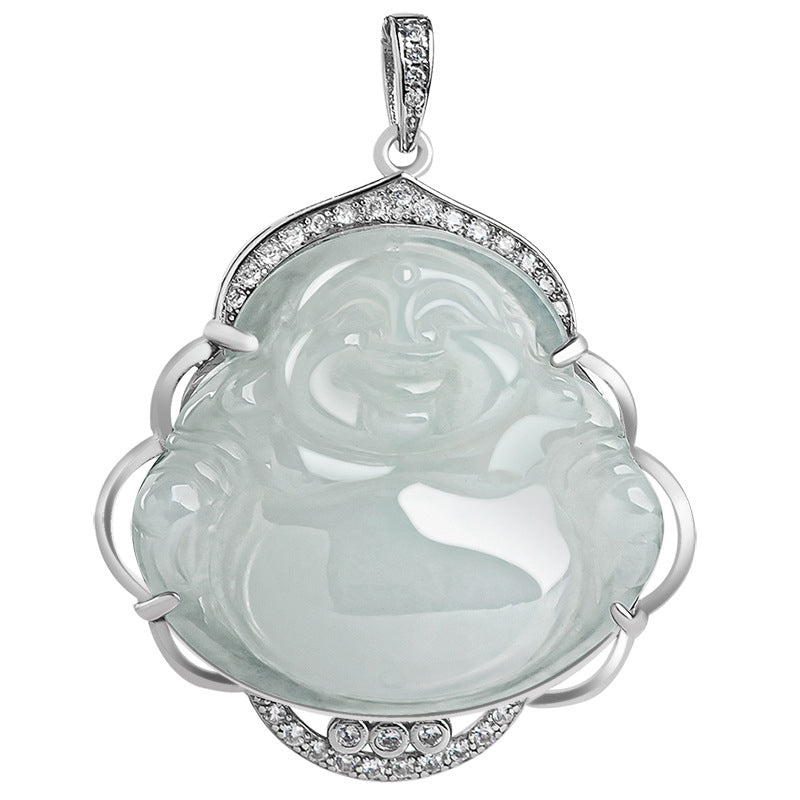 Buddha Stones 925 Sterling Silber Lachender Buddha Natürliche Jade Fülle Halskette Anhänger