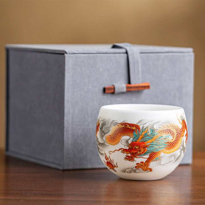 Buddha Stones, Drache, Phönix, verheißungsvolle Wolken, Keramik-Teetasse, Kung-Fu-Teetasse mit Geschenkbox