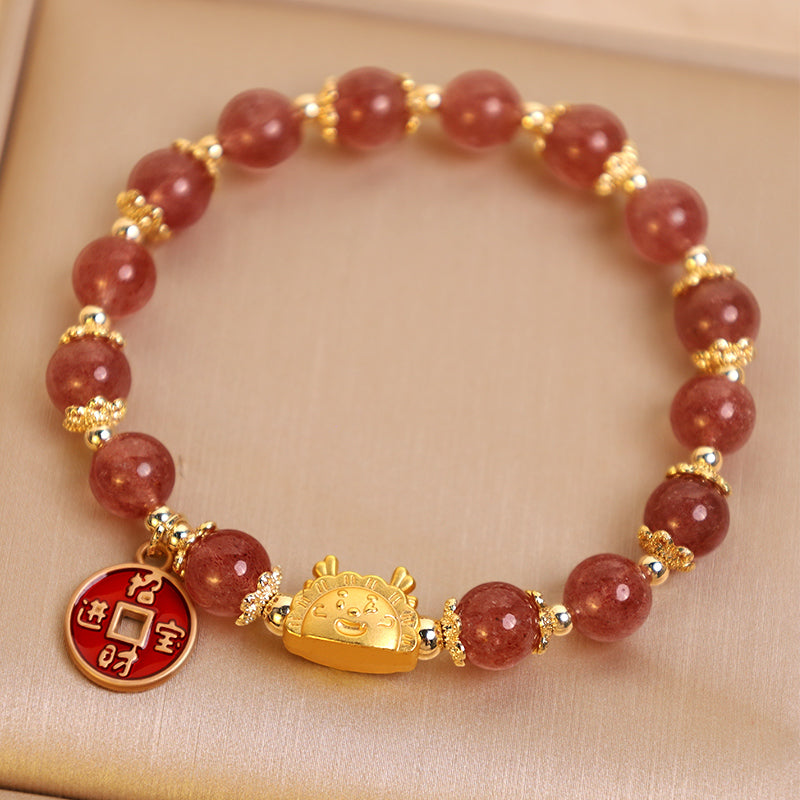 Buddha Stones, Jahr des Drachen, Erdbeer-Quarz-Kupfermünze, ziehen Reichtum an, Charm-Armband