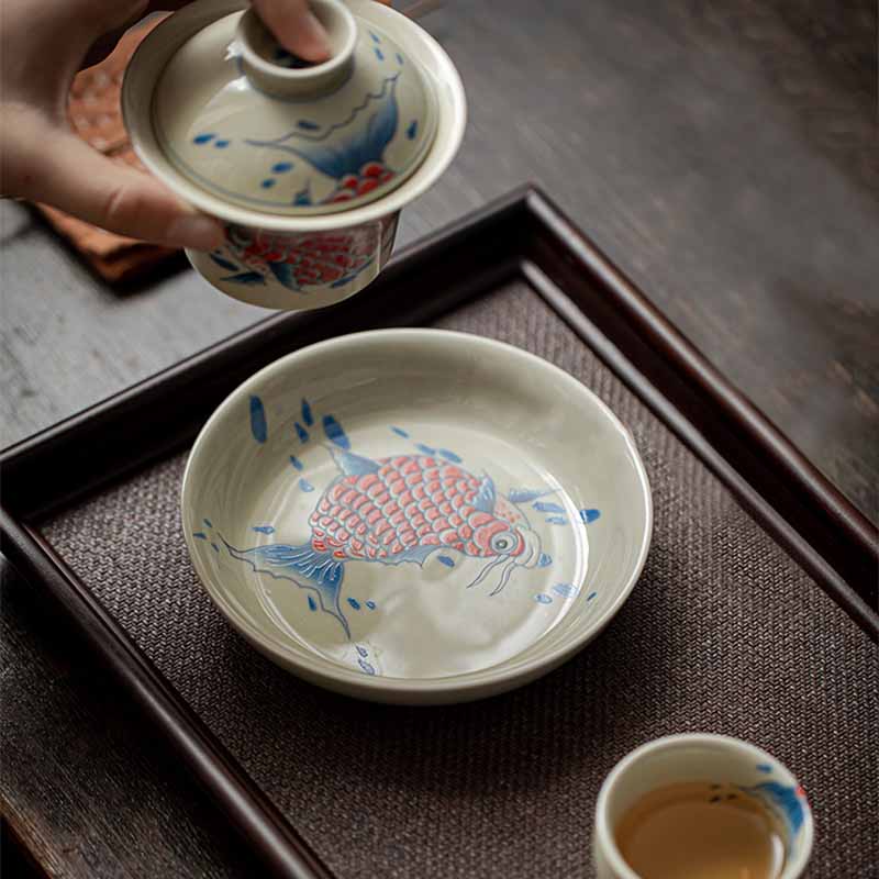 Buddha Stones Koi Fisch Arowana Keramik Gaiwan Sancai Teetasse Kung Fu Teetasse mit Deckel 130 ml