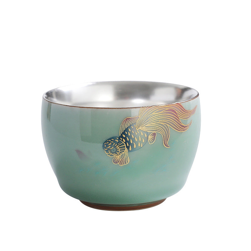 Buddha Stones 999 Sterling Silber Vergoldung Schmetterling Goldfisch Lotus Koi Fisch Keramik Teetasse Kung Fu Teetasse 120 ml