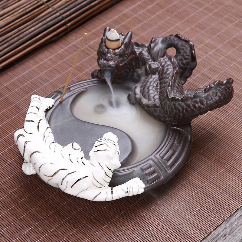 Tiger-Drachen-Rückfluss-Rauchbrunnen, Keramik, Yin-Yang-Segen-Räuchergefäß, Dekoration