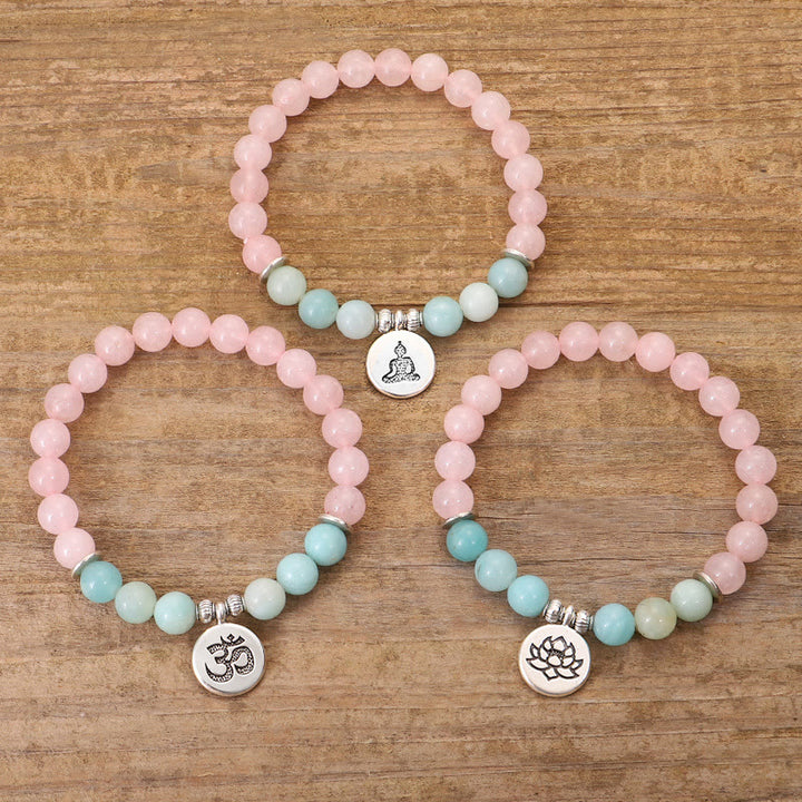 Armband mit Buddha Stonesn, natürlichem rosa Kristall, Amazonit, Lotus, Buddha, OM-Symbol, Wärme