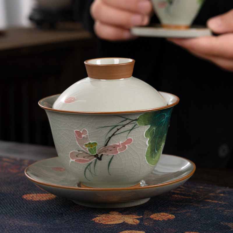 Buddha Stones Lotus Koi Fisch Pod Blatt Keramik Gaiwan Sancai Teetasse Kung Fu Teetasse und Untertasse mit Deckel 140 ml