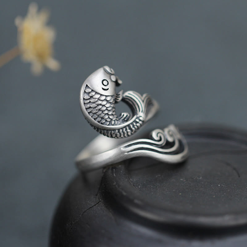 Buddha Stones 925 Sterling Silber Koi Fisch Wasser Welligkeit Glück Reichtum Ring