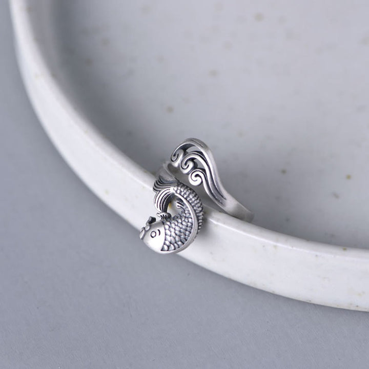 Buddha Stones 925 Sterling Silber Koi Fisch Wasser Welligkeit Glück Reichtum Ring