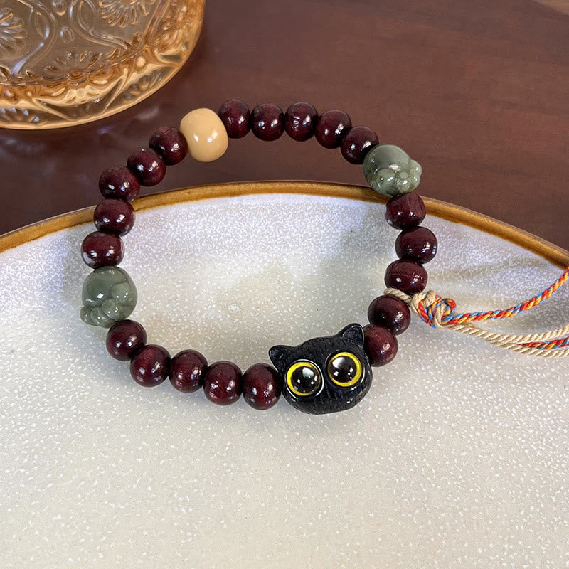 Buddha Stones, Ebenholz, hübsches Katzen-Jade-Pfoten-Friedens-Quasten-Holz-Armband