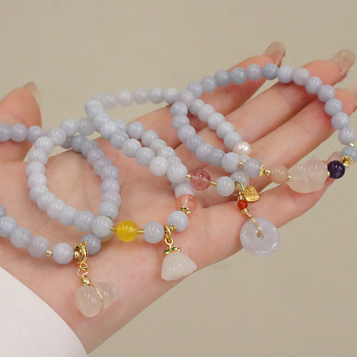 Buddha Stones Natürliches Aquamarin-Chalcedon-Charm-Armband „Serenity Rabbit Gourd Cat“.