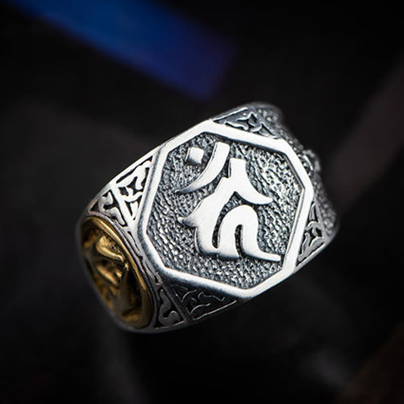 Verstellbarer Ring aus 925er-Sterlingsilber mit Buddha Stonesn, Sanskrit-Design, geschnitzter Schutz