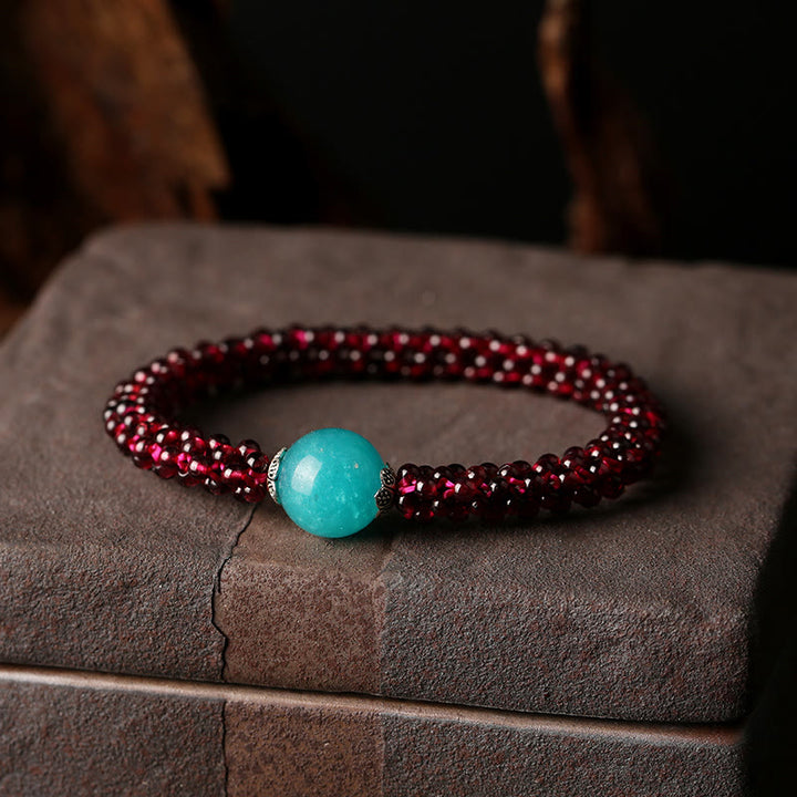Buddha Stones Natürliches Granat-Rosa-Kristall-Roter Achat-Amazonit-Perlenschutzarmband