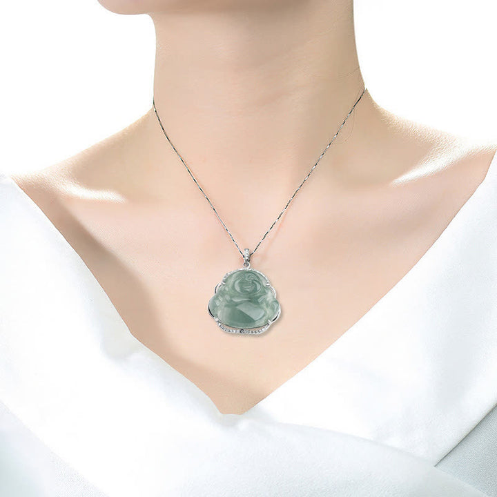 Buddha Stones 925 Sterling Silber Lachender Buddha Natürliche Jade Glück Halskette Kettenanhänger