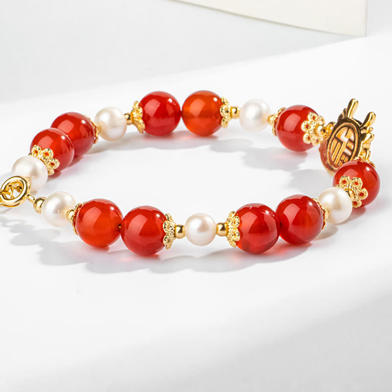 Buddha Stones 14K vergoldetes Jahr des Drachen natürliches rotes Achat-Perlenschutz-Fu-Charakter-Kettenarmband