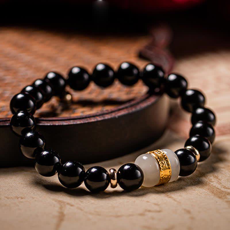 Buddha Stones Schwarzer Obsidian Jade Om Mani Padme Hum Stärke Paar Magnetarmband