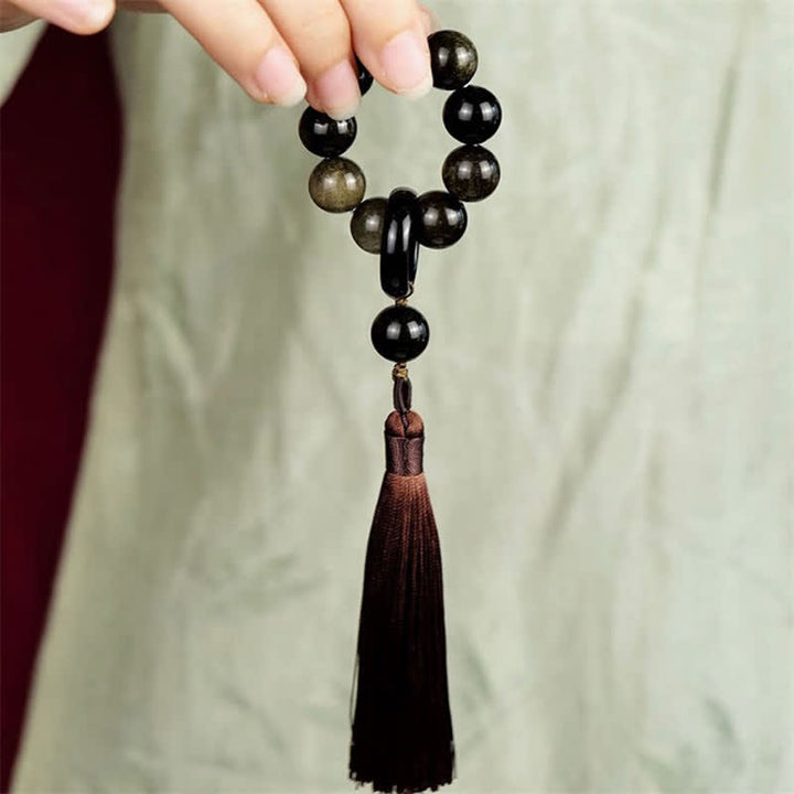 Buddha Stones Schwarzer Obsidian Stärke Quaste Handgelenk Mala