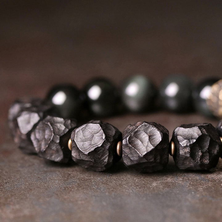 Buddha Stones Schwarzes Obsidian-Ebenholz-Kupfer-Stärke-Paar-Armband